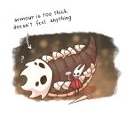 2025 4_eyes ambiguous_gender anthro arthropod beartitled bell_beast bell_beast_(species) biped black_body blush blush_lines cloak clothing digital_drawing_(artwork) digital_media_(artwork) duo ellipsis empty_eyes english_text female_(lore) feral grey_body hi_res hollow_knight:_silksong hollow_knight_(franchise) hornet's_needle hornet_(hollow_knight) insect lying multi_eye on_side question_mark red_cloak red_clothing size_difference speech_bubble team_cherry text white_body