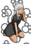  1girl absurdres animal_ears arm_between_legs barefoot black_choker black_dress blunt_bangs cat_ears cat_tail choker commentary dark-skinned_female dark_elf dark_skin dress elf extra_ears grey_hair highres karla_(kono_healer_mendokusai) kneeling kono_healer_mendokusai licking_own_arm looking_at_viewer official_art paw_print paw_print_background pointy_ears puffy_short_sleeves puffy_sleeves short_sleeves slit_pupils solo symbol-only_commentary tail tannen_ni_hakkou tongue tongue_out yellow_eyes 