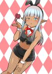  1girl absurdres animal_ears argyle_background bare_shoulders black_skirt blowing_kiss blue_eyes blunt_bangs blush bow bowtie commentary_request dark-skinned_female dark_elf dark_skin elf fake_animal_ears fishnet_pantyhose fishnets grey_hair hand_on_own_thigh highres karla_(kono_healer_mendokusai) kono_healer_mendokusai leaning_forward long_hair looking_at_viewer melting_heart midriff miniskirt navel official_art open_mouth pantyhose pointy_ears rabbit_ears red_bow red_bowtie skirt solo stomach tannen_ni_hakkou traditional_bowtie white_wrist_cuffs wrist_cuffs 