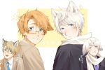  2boys ahoge america_(hetalia) animal_ears artist_name axis_powers_hetalia black_jacket blonde_hair blue_eyes blue_necktie blush border brown_jacket cat_ears closed_mouth collared_shirt dog_ears formal_clothes from_side glasses grey-framed_eyewear harutoro_39487 highres jacket kemonomimi_mode lapels long_sleeves looking_at_viewer male_focus multiple_boys multiple_views necktie open_clothes open_jacket open_mouth orange_hair outside_border purple_eyes purple_necktie russia_(hetalia) scarf semi-rimless_eyewear shirt short_hair simple_background suit suit_jacket teeth white_border white_hair white_scarf white_shirt yellow_background 