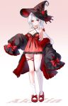  1girl absurdres akusamu asymmetrical_legwear black_bow black_hat black_jacket black_panties bow breasts cleavage commentary_request dress flower full_body fur-trimmed_jacket fur_trim gradient_background hair_bow hat hat_bow highres jacket long_hair long_sleeves looking_at_viewer low_twintails medium_breasts negligee off_shoulder open_clothes open_jacket original panties parted_lips pink_background pointy_ears puffy_long_sleeves puffy_sleeves red_bow red_dress red_eyes red_flower red_rose red_slippers rose see-through_clothes see-through_dress side-tie_panties single_sock single_thighhigh sleeves_past_fingers sleeves_past_wrists slippers socks solo thighhighs twintails underwear very_long_hair white_background white_hair white_socks white_thighhighs witch_hat 