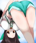  :d ass bent_over bow breasts brown_hair hair_bow han_(jackpot) large_breasts long_hair open_mouth red_eyes reiuji_utsuho short_shorts shorts smile solo touhou wings 