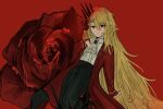  1girl ascot black_pants blonde_hair brown_corset closed_mouth coat corset don_quixote_(project_moon) eyelashes flower hair_flower hair_ornament highres limbus_company long_hair open_clothes open_coat pants project_moon red_background red_coat red_eyes red_flower red_rose rose rugatu_to sancho_(project_moon) shirt simple_background solo standing very_long_hair white_ascot white_shirt 