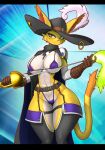 2025 anthro areola bandage bandai_namco big_breasts bikini blush breasts brown_clothing brown_gloves brown_handwear cloak clothed clothing digimon digimon_(species) ear_piercing ear_ring ears_through_headwear facial_piercing fedora felid feline female fur garter_straps gloves green_eyes handwear hat headgear headwear hi_res legwear looking_at_viewer mammal maned_kitsune melee_weapon multicolored_body multicolored_fur nyabootmon piercing pink_areola purple_bikini purple_clothing purple_swimwear rapier ring_piercing skimpy solo swimwear sword tail thigh_gap thigh_highs two-piece_swimsuit two_tone_body two_tone_fur weapon white_body white_fur wide_hips yellow_body yellow_fur