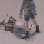  2others anminshing arms_up black_boots black_shorts blood blood_on_ground blood_on_hands blood_on_shoes blue_hoodie blue_shorts blue_sweater boots broken_bone broken_finger brown_hair clenched_teeth commentary_request defeat facing_another frisk_(undertale) grey_background grimace hands_on_ground holding holding_knife hood hoodie injury knee_up knife looking_at_another looking_up lying multiple_others on_back open_clothes open_hoodie out_of_frame pink_slippers pinned sans_(undertale) shirt shorts skeleton slippers standing_on_another's_hand striped_clothes striped_sweater sweatdrop sweater teeth undertale utdr_(toby_fox) white_shirt 