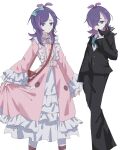  1girl bag black_gloves black_jacket black_pants black_suit business_suit closed_mouth dot_(pokemon) dress formal_clothes frilled_dress frills gloves hair_ornament hair_ribbon highres jacket long_hair long_sleeves multicolored_hair necktie pants pink_hair pokemon pokemon_(anime) pokemon_horizons purple_eyes purple_hair ribbon seiun_(hoshigumo_72) shirt simple_background suit suit_jacket two-tone_hair white_background white_shirt 