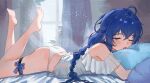  1girl absurdres ahoge ass barefoot bed blue_eyes blue_hair breasts camisole commentary_request feet highres indoors long_braid long_hair lying mushoku_tensei on_bed on_stomach one_eye_closed panties pillow pillow_grab roxy_migurdia small_breasts soles solo the_pose thigh_strap toes underwear very_long_hair waking_up white_camisole white_panties window zhi_sheng 
