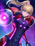  1girl absurdres arm_cannon blonde_hair blue_eyes enni expressionless highres long_hair metroid metroid_prime_4:_beyond mole mole_under_mouth ponytail power_suit_(metroid) samus_aran solo solo_focus vi-o-la_suit weapon 