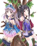  amamiya_akira atelier_(series) atelier_meruru atelier_totori bare_shoulders black_hair blue_sleeves blush brown_eyes brown_hair detached_sleeves dress hair_ornament hat holding_hands mimi_houllier_von_schwarzlang multiple_girls ponytail shorts thighhighs totooria_helmold zettai_ryouiki 