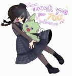  1girl asa_(asagh0st) beetlejuice black_boots black_eyes black_hair blue_dress boots braid bright_pupils commentary cosplay creature defect_mogeko dress english_commentary english_text fishnet_pantyhose fishnet_sleeves fishnets funamusea gothic_lolita hair_over_one_eye hat hug kurai_yonaka lolita_fashion lydia_deetz lydia_deetz_(cosplay) mini_hat mini_top_hat mogeko_(species) mogeko_castle open_mouth pantyhose simple_background smile sparkle thank_you top_hat twin_braids white_background white_pupils 