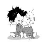  2boys :> blush blush_stickers chibi chibi_only commentary_request faux_figurine haikyuu!! happy highres jacket kozume_kenma kuroo_tetsurou mako184411 male_focus multicolored_hair multiple_boys musical_note pants parted_bangs roots_(hair) shoes short_hair simple_background sitting sleeping sleeves_past_wrists smile spiked_hair track_jacket triangle_mouth white_background zzz 