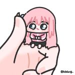  1girl 1other black_skirt blue_eyes bocchi_the_rock! chibi closed_mouth commentary english_commentary full_body gotoh_hitori highres holding holding_mini_person jacket long_hair looking_at_viewer lulalang mini_person minigirl person_on_hand pink_hair pink_jacket pov pov_hands simple_background sitting skirt smile solo_focus white_background 
