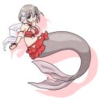  1girl bare_shoulders bikini blue_eyes breasts collarbone colored_shadow commentary_request commission criss-cross_halter drop_shadow full_body grey_hair hagoromo hair_between_eyes hair_ornament halterneck highres isla_(cophocoa) looking_at_viewer medium_breasts mermaid monster_girl muu_(mumumer) navel original red_bikini seashell shadow shawl shell shell_hair_ornament simple_background skeb_commission smile solo swimsuit white_background 