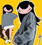  1girl absurdres black_outline blue_shirt blue_socks chewchewer closed_mouth colored_skin demon demon_girl demon_horns demon_tail expressionless hand_on_own_hip highres horns kappa_(chewchewer) looking_at_viewer loose_socks microsoft_paint_(medium) multiple_views original outline own_hands_together red_skin shadow shirt shoes simple_background skirt socks solo tail thick_outlines thigh_strap white_outline white_shoes white_skirt yellow_background 