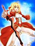  aestus_estus ahoge blonde_hair breasts cleavage cleavage_cutout fate/extra fate_(series) green_eyes medium_breasts nero_claudius_(fate) nero_claudius_(fate)_(all) open_mouth red-eyes_macadamiachoco solo sword weapon 
