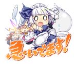  3girls alternate_costume apron blonde_hair bow bowtie braid chibi chibi_only clenched_hand closed_eyes dress enmaided flandre_scarlet flandre_scarlet_(devilish_helper) grey_hair hitodama hong_meiling hong_meiling_(chinese_maid_for_the_day) katana konpaku_youmu konpaku_youmu_(ghost) konpaku_youmu_(shivering_maid_samurai) lowres maid maid_apron maid_headdress multiple_girls official_art open_mouth pink_dress red_hair rotte_(1109) second-party_source sheath sheathed smile sticker_(medium) sweat sword touhou touhou_lostword translation_request transparent_background twin_braids waist_apron weapon weapon_on_back white_apron wrist_cuffs yellow_bow yellow_bowtie 