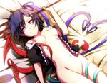  asymmetrical_wings bad_id bad_pixiv_id black_hair bottomless breasts groin hair_ornament hairpin highres houjuu_nue looking_at_viewer lying medium_breasts mizuki_(ekakichan) navel nipples no_bra nude open_clothes open_shirt polearm pussy red_eyes shirt short_hair smile snake solo touhou trident weapon wings 