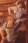 2boys ascot black_boots black_hair blonde_hair blue_eyes bookshelf boots carrying_over_shoulder chest_strap cleaning collared_shirt commentary covered_pectorals duster english_commentary erwin_smith full_body gravesecrets hand_on_own_hip headscarf highres holding holding_duster levi_(shingeki_no_kyojin) long_sleeves looking_up male_focus multiple_boys on_person pectorals shingeki_no_kyojin shirt shirt_tucked_in shoe_soles short_hair sitting_on_shoulder sleeves_pushed_up sweat teeth white_headscarf white_shirt 