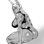  1girl animal_ears art_errrday ass back back_cutout boku_no_hero_academia breasts clothing_cutout from_behind greyscale hair_over_shoulder hashtag-only_commentary highres invisible_chair large_breasts long_eyelashes long_hair looking_at_viewer looking_back median_furrow mirko monochrome one-piece_swimsuit parted_bangs parted_lips rabbit_ears rabbit_girl rabbit_tail shoulder_blades sideboob sitting solo swimsuit tail tail_through_clothes thick_thighs thighs toned toned_female very_long_hair wet 