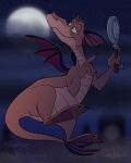 2024 anthro atimon basil_(disney) claws disney disney_parks dragon dragon_wings epcot figment flying hair half-closed_eyes head_wings hi_res holding_magnifying_glass holding_object journey_into_imagination magnifying_glass male mouth_closed mythological_creature mythological_scalie mythology narrowed_eyes nude paws scales scalie signature smile solo tail text the_great_mouse_detective unusual_wing_placement walt_disney_world wings