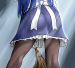  1girl alice_(ragnarok_online) ass back_bow blue_dress blue_hair bow broom brown_pantyhose commentary_request dress frilled_dress frills from_behind grey_background haty holding holding_broom long_hair lower_body lowres pantyhose ragnarok_online solo white_bow 