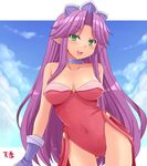  :d angela_(seiken_densetsu_3) breasts cleavage cloud collar colored_eyelashes crown gloves green_eyes hasu_(hk_works) large_breasts leotard long_hair looking_at_viewer open_mouth pointy_ears purple_hair red_leotard seductive_smile seiken_densetsu seiken_densetsu_3 sky smile solo 