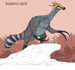 black_claws claws dinosaur dinovember duonychus feral gogomrdodo hi_res long_claws male male/male markings prehistoric_species reff reptile saurischian scalie solo striped_markings stripes therizinosaurid theropod