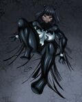  1girl absurdres animal_print antenna_hair black_clover black_hair black_horns breasts claws commentary english_commentary ghostichino highres horns large_breasts living_clothes looking_at_viewer marvel nero_(black_clover) non-web_source red_eyes secre_swallowtail she-venom silk skin_tight solo source_request spider-man_(series) spider_print spider_web symbiote venom_(marvel) 