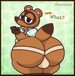 animal_crossing anthro big_butt butt canid canine dialogue electronics english_text hi_res holding_object holding_phone looking_at_viewer male mammal nintendo phone raccoon_dog solo speech_bubble tanuki text tom_nook_(animal_crossing) tunemon