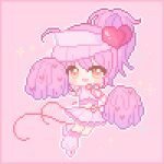  1girl amulet_heart anmian_ruomeng bare_shoulders blush_stickers border chibi chinese_commentary commentary_request crop_top detached_sleeves floating hair_between_eyes hair_ornament happy hat heart heart_hair_ornament high_side_ponytail hinamori_amu holding holding_pom_poms leg_warmers magical_girl midriff miniskirt neck_ribbon open_mouth outline pink_background pink_border pink_hair pink_leg_warmers pink_shirt pink_shoes pink_skirt pink_sleeves pink_theme pixel_art pleated_skirt pom_pom_(cheerleading) red_ribbon ribbon see-through_clothes see-through_headwear shirt shoes short_hair short_side_ponytail short_sleeves shugo_chara! simple_background skirt skirt_set sleeveless sleeveless_shirt smile solo sparkle tareme v-neck visor_cap waist_ribbon white_hat white_outline yellow_eyes 