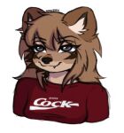 anthro bangs berketex blue_eyes brown_inner_ear brown_markings bust_portrait canid canine cheek_tuft clothing crossed_bangs dhole emma_(berketex) facial_tuft female fur fur_markings hair inner_ear_fluff logo logo_on_clothing looking_up mammal markings messy_hair mole_(marking) multicolored_body multicolored_fur neck_tuft orange_body orange_fur orange_hair portrait profanity red_clothing red_shirt red_topwear shirt simple_background smile smug snaggle_tooth solo t-shirt three-quarter_view topwear tuft white_background