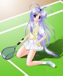  antenna_hair ball blue_eyes blue_hair long_hair mamotte_shugogetten! mutsuki_mikatsu racket shugogetten_shaolin skirt solo tennis_ball tennis_court tennis_racket 