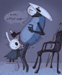 ambiguous_gender animal_genitalia anthro armor arthropod blue_body blush blush_lines bodily_fluids breath chair cloak clothed clothing cum cum_in_eye cum_splatter duo ejaculation english_text erection eye_penetration furniture genital_fluids genital_slit genitals headgear helmet hollow_knight_(franchise) horn horned_helmet male male/ambiguous mask mask_on_head nail_(weapon) orgasm partially_clothed quirrel_(hollow_knight) sex shaking shaking_orgasm size_difference standing standing_sex sweat sweatdrop team_cherry text the_knight_(hollow_knight) thrust_lines thrusting vessel_(species) waddehe weapon wearing_mask