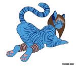  all_fours anthro bent_over blue_eyes breasts brown_hair cat feline female hair hindpaw looking_at_viewer mammal nude pawpads paws raised_tail side_boob smile solo stripes suggestive tazara 