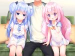  2girls ahoge black_pants blue_bow blue_eyes blue_hair blue_necktie blue_sailor_collar blush bow bowtie buttons closed_mouth collarbone couch double_bun feet_out_of_frame game_cg hair_bow hair_bun hand_up harem_futago_lolita head_out_of_frame large_variant_set long_hair multiple_girls necktie non-web_source open_mouth pants pillow pink_eyes pink_hair pleated_skirt sailor_collar shirt short_sleeves siblings sisters sitting skirt smile sunao_(harem_futago_lolita) tomari_(harem_futago_lolita) twins usashiro_mani v-shaped_eyebrows variant_set white_shirt white_skirt yellow_bow yellow_bowtie 