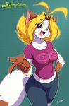  big_breasts blonde_hair blue_eyes blush breasts brown_fur cat chalo feline female fur hair jeans las_lindas mammal open_mouth sarah_silkie solo white_fur 