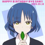  1girl black_sweater blue_background blue_hair bocchi_the_rock! character_name collared_shirt commentary_request dated earrings eating english_commentary hair_ornament hairclip happy_birthday highres holding holding_leaf jewelry jitome leaf light_blush long_hair looking_at_viewer mole mole_under_eye parallel_hairclips pixel_art portrait shirt short_hair simple_background solo stud_earrings sweater white_shirt yamada_ryo yellow_eyes yuru_kaze 