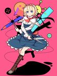  adapted_costume alice_margatroid bad_id bad_pixiv_id blonde_hair blue_eyes boots buttons capelet corset full_body hairband holding_needle needle pencil pink_background ruler scissors shadow shirt short_hair simple_background skirt smile solo touhou tsumidango 