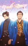  2boys absurdres adachi_koichi armor beard black_hair blue_haori cherry_blossoms commentary english_commentary facial_hair hakama haori highres inoue_genzaburou_(ishin) japanese_armor japanese_clothes kashiwagi_osamu katana kondou_isami_(ishin) male_focus mature_male mouth_hold multiple_boys old old_man petals ryuu_ga_gotoku_(series) ryuu_ga_gotoku_ishin! scar scar_on_face scarf sheath sheathed shinsengumi smile stalk_in_mouth sword teppn_(gattobamboom) topknot weapon wrinkled_skin 