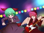  &gt;_&lt; &gt;_o alternate_costume amplifier animal_ears blouse blue_background choker choujuu_gigaku closed_eyes electric_guitar fang green_hair guitar hat instrument kamiya_ryou_(chitara) kasodani_kyouko long_sleeves microphone microphone_stand multiple_girls mystia_lorelei one_eye_closed open_mouth pink_eyes pink_hair skirt stage_lights strap tail touhou undershirt wings 