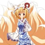  ? bad_id bad_pixiv_id blush fox_tail highres long_hair looking_at_viewer multiple_tails nagai_wataru simple_background solo tail touhou white_background yakumo_ran yellow_eyes 