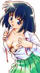  1girl between_breasts black_hair blue_eyes blush breasts brown_hair cleavage dress_shirt lowres medium_breasts miniboy open_clothes open_shirt original person_between_breasts pleated_skirt shirt size_difference skirt teston 