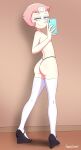  1girl ass black_eyeshadow black_shoes blue_eyes breasts cellphone commentary convenient_censoring cubedcoconut english_commentary eyeshadow forehead_jewel full_body g-string high_heels highres holding holding_phone makeup naughty_face pearl_(steven_universe) phone pink_hair shadow shoes short_hair signature small_breasts smartphone smile solo steven_universe thighhighs thong topless_female white_thighhighs 