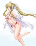  air barefoot bikini blonde_hair blue_eyes dress_shirt kamio_misuzu long_hair navel ponytail shirt solo swimsuit very_long_hair yo-jin 