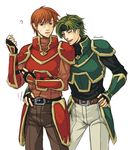  ? armor belt cavalier fingerless_gloves fire_emblem fire_emblem:_rekka_no_ken gloves green_armor green_hair headband kent_(fire_emblem) knight laughing male_focus meganemido multiple_boys red_armor red_hair sain 