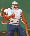 anthro armband aroused aroused_face aroused_male aroused_smile barazoku baseball_(sport) baseball_bat baseball_cap baseball_field baseball_uniform bat_(object) belly biceps big_bulge big_muscles big_pecs black_body black_fur blue_bottomwear blue_clothing blue_jeans blue_pants bodily_fluids bottomwear bulge claws clothed clothing clothing_lift cocky cocky_grin denim denim_bottomwear denim_clothing erection erection_under_clothing erection_under_pants exposed_belly exposed_chest fangs fangs_bared felid feline fur genital_fluids green_ring hat headgear headwear hi_res holding_baseball_bat jeans jewelry male male_peeing mammal manly markings muscular muscular_anthro muscular_arms muscular_male muscular_thighs necklace orange_body orange_fur pantherine pants pants_wetting pecs peeing peeing_on_ground peeing_on_leg peeing_on_self peeing_through_clothing peeing_through_pants ring_(jewelry) rosco_(scruffymusk) sagging sagging_pants scruffymusk shirt shirt_lift solo sport sportswear stained_clothing stained_pants standing steam striped_body striped_fur striped_markings striped_tail stripes tail tail_markings taunting teeth thick_arms thick_thighs tiger tongue topwear torn_bottomwear torn_clothing torn_jeans torn_pants uniform urine urine_drip urine_on_ground urine_on_leg urine_on_self urine_stream urine_through_clothing watersports wet wet_bottomwear wet_clothing wet_pants wetting wetting_bottomwear white_body white_clothing white_fur white_shirt white_topwear yellow_eyes yellow_urine