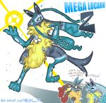 abstract_background anthro blue_body blue_eyes dialogue duo fur generation_6_pokemon hi_res male male/male mega_evolution mega_lucario mega_lucario_z nintendo pokemon pokemon_(species) pose small_waist smile yanisp5 yellow_body yellow_fur
