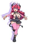  1girl :d black_boots black_leotard black_skirt boots breasts character_request cleavage commentary_request covered_navel demon_girl demon_horns demon_tail detached_sleeves drop_shadow fang full_body hair_between_eyes highres horns large_breasts leotard long_hair long_sleeves looking_at_viewer muu_(mumumer) original pink_sleeves pink_thighhighs pleated_skirt plump purple_eyes red_hair simple_background skirt smile solo standing standing_on_one_leg tail thick_eyebrows thighhighs thighhighs_under_boots very_long_hair white_background 