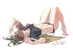  1girl barefoot black_panties breasts brown_hair closed_eyes full_body highres legs light_smile lying nabipenciller navel on_back original panties ponytail shirt side-tie_panties small_breasts solo tied_shirt underwear 