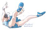  1girl ass ballet_slippers blue_dress breasts brown_hair dress falling full_body highres legs nabipenciller original ponytail short_dress simple_background small_breasts solo white_background 